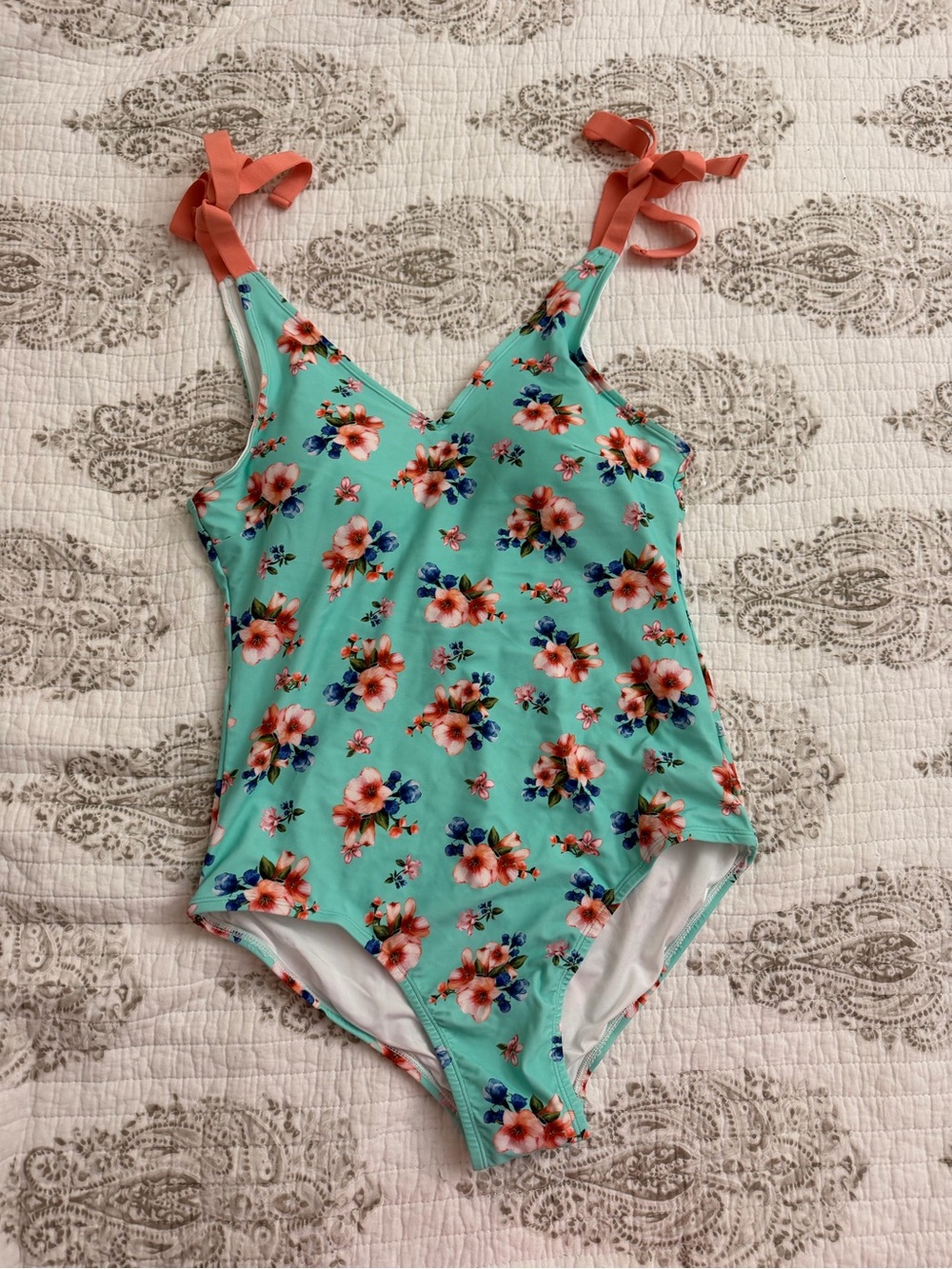 Posh Peanut Aqua Floral One-Piece Swimsuit with Coral Tie Straps